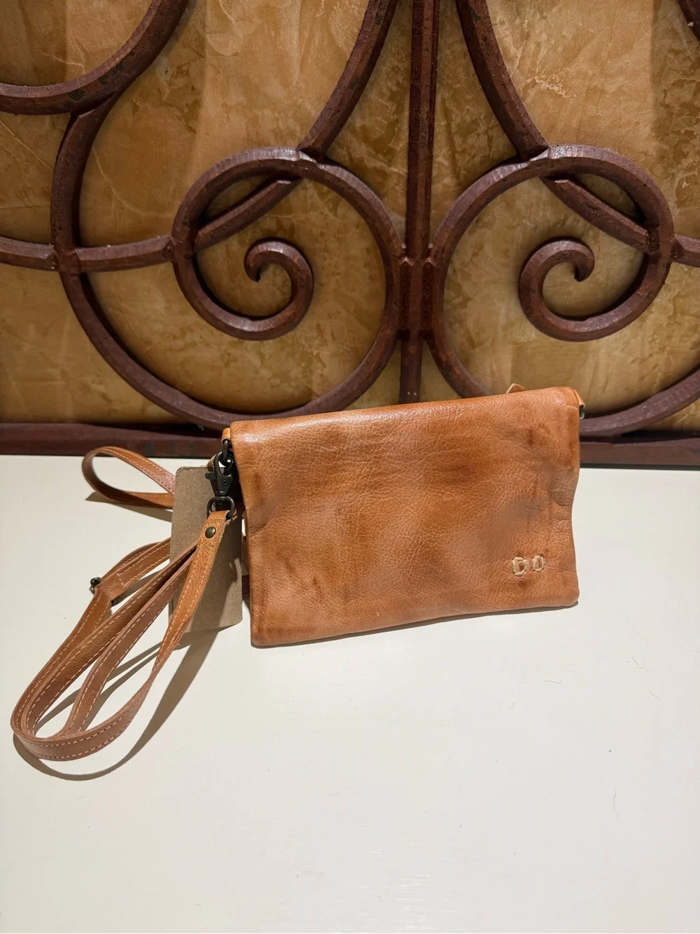 Leather Wristlet Clutch in Tan